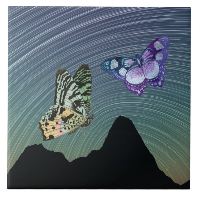 Grönt Lila Butterflies och Spinning Milky Way Kakelplatta (Framsidan)