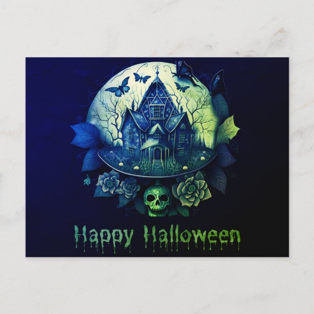 Grönt Lila Gothic Haunted House Happy halloween Helg Vykort (Framsida)