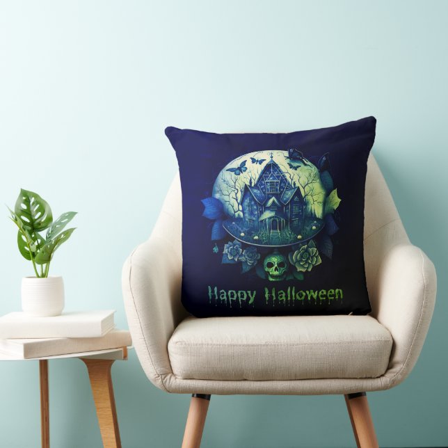 Grönt Lila Gothic Haunted House Happy halloween Kudde (Stol)