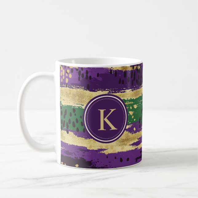 Grönt Lila Guld Brushstrokes Mönster Monogram Kaffemugg (Vänster)