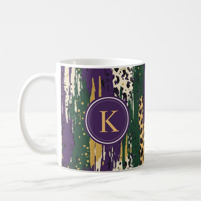 Grönt Lila Guld Brushstrokes Mönster Monogram Kaffemugg (Vänster)