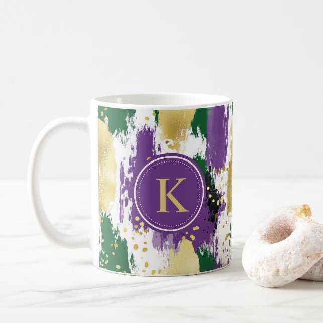 Grönt Lila Guld Brushstrokes Mönster Monogram Kaffemugg (Med munk)