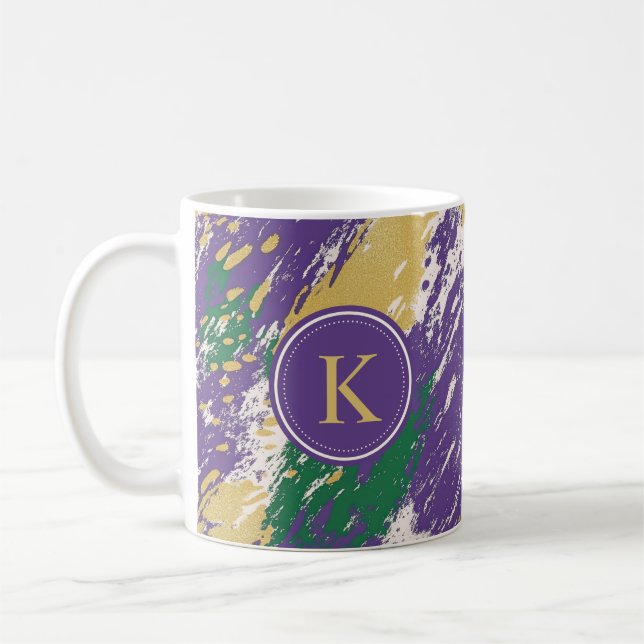 Grönt Lila Guld Brushstrokes Mönster Monogram Kaffemugg (Vänster)