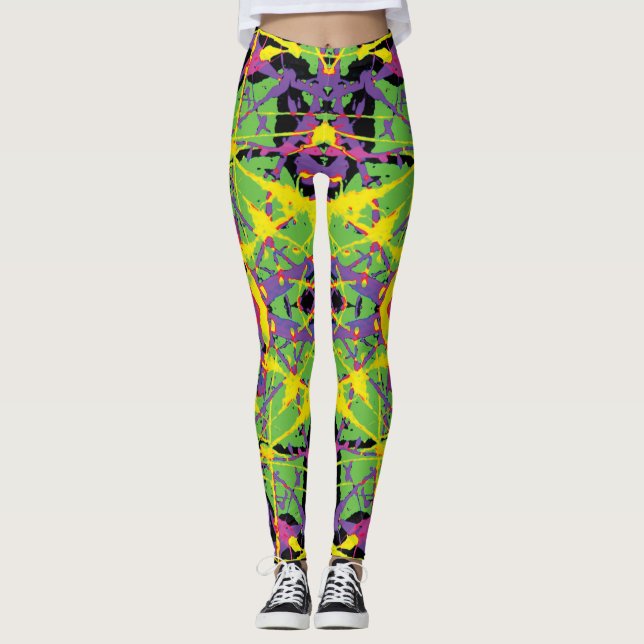 Grönt Lila Gult Kush Splatter Leggings (Framsida)