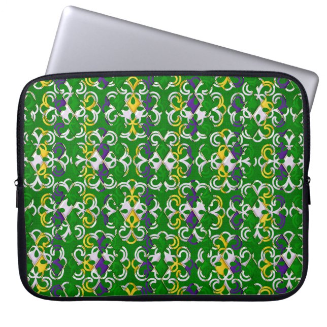 GRÖNT LILA GULT WHITE MARDI GRAS FLEUR DI LIS LAPTOP FODRAL (Framsidan)