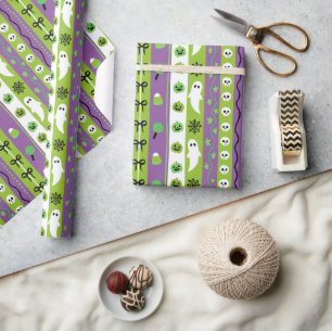 Grönt Lila Halloween Mönster Wrapping Papper Roll Presentpapper