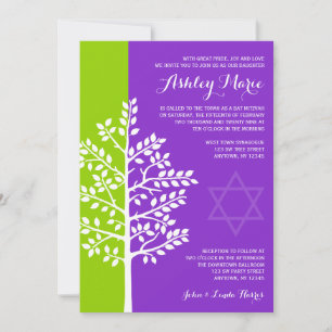 Grönt Lila Livets träd Bat mitzvah Inbjudningar