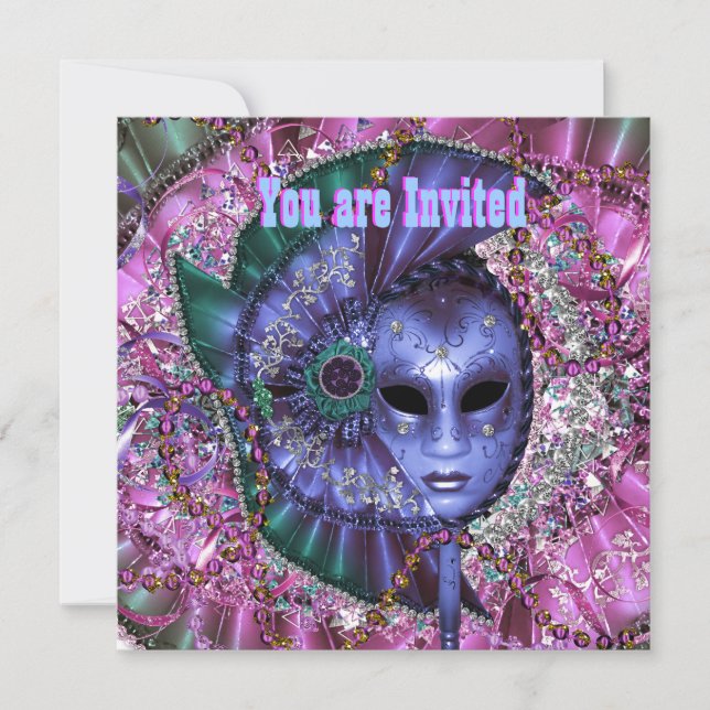 Grönt Lila MasqueraParty Inbjudningar (Framsida)