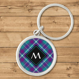 Grönt, Lila och blått Tartan Rund Silverfärgad Nyckelring