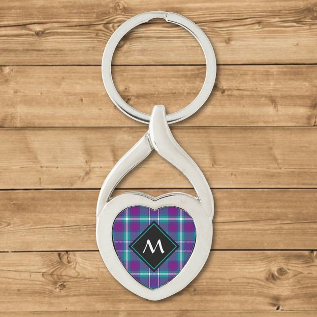 Grönt, Lila och blått Tartan Twisted Heart Silverfärgad Nyckelring (Skapare uppladdad)