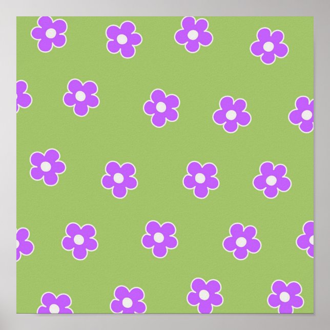 Grönt Lila Retro Y2K Blommönster Poster (Framsidan)