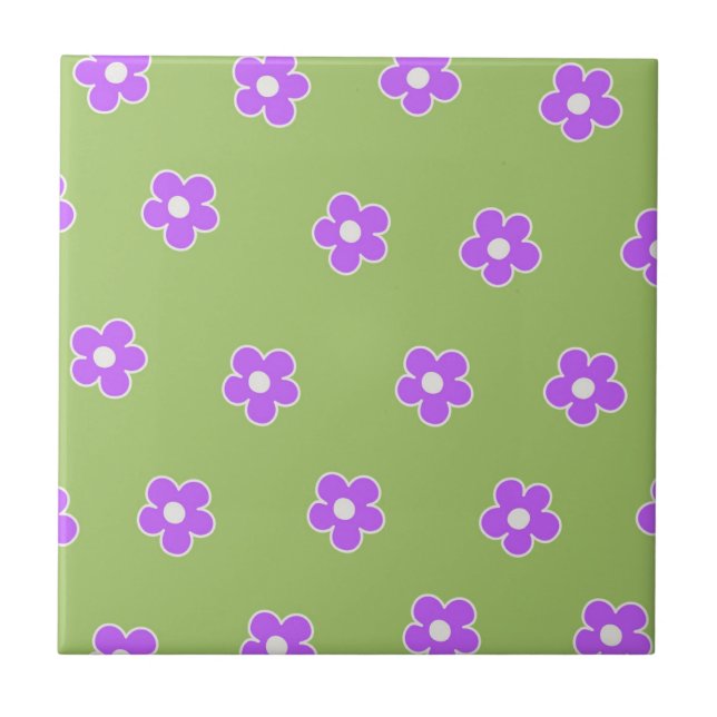 Grönt Lila Retro Y2K Flower Mönster Kakelplatta (Framsidan)