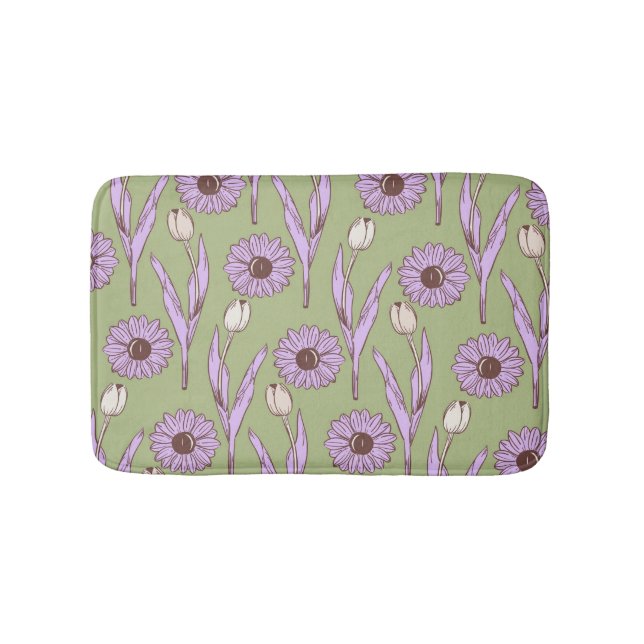 Grönt Lila Retro Y2K Funky Hippie Flower Mönster Badrumsmatta (Framsidan)