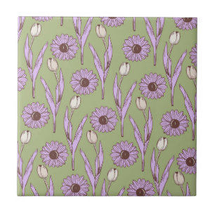 Grönt Lila Retro Y2K Funky Hippie Flower Mönster Kakelplatta