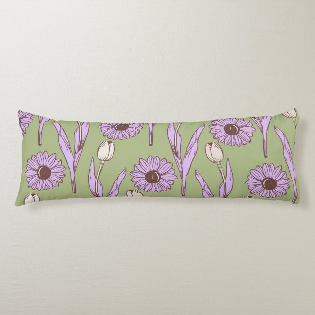 Grönt Lila Retro Y2K Funky Hippie Flower Mönster Kroppskudde (Framsidan)