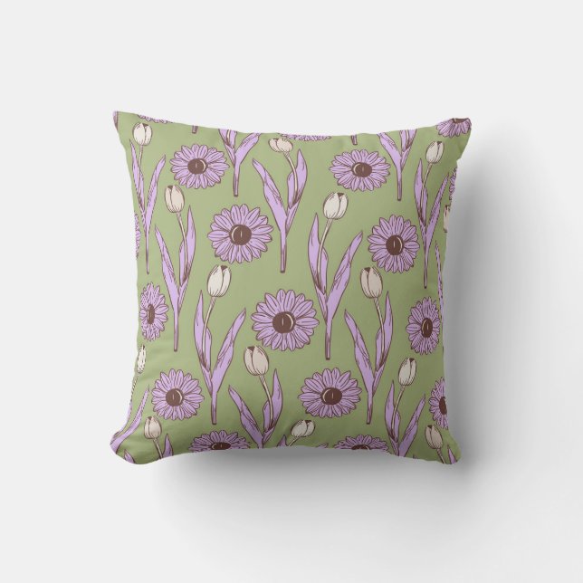 Grönt Lila Retro Y2K Funky Hippie Flower Mönster Kudde (Framsida)