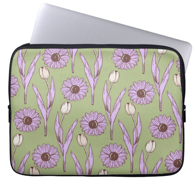 Grönt Lila Retro Y2K Funky Hippie Flower Mönster Laptop Fodral (Framsidan)