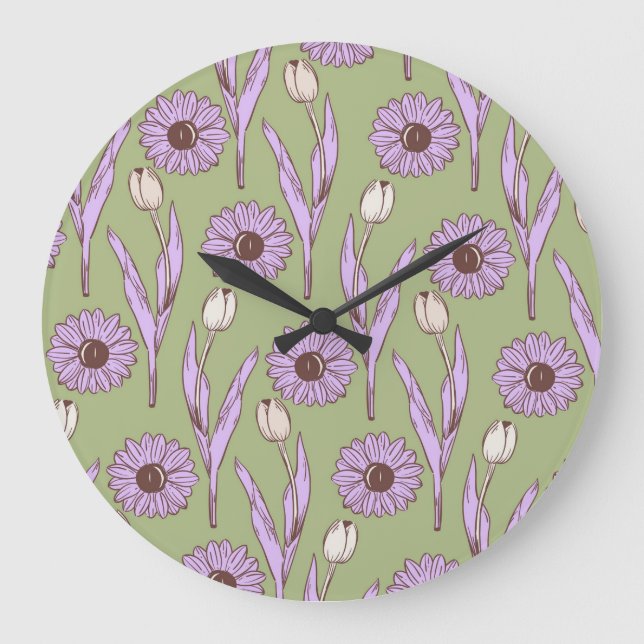 Grönt Lila Retro Y2K Funky Hippie Flower Mönster Stor Klocka (Framsida)