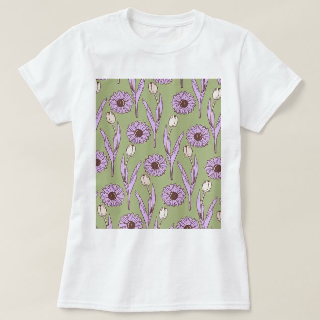 Grönt Lila Retro Y2K Funky Hippie Flower Mönster T Shirt (Design framsida)