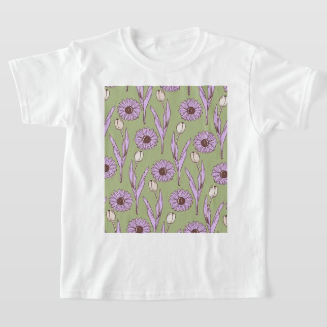 Grönt Lila Retro Y2K Funky Hippie Flower Mönster T Shirt (Laydown)