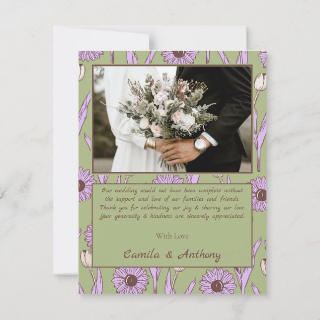 Grönt Lila Retro Y2K Funky Hippie Flower Mönster Tack Kort (Baksida)