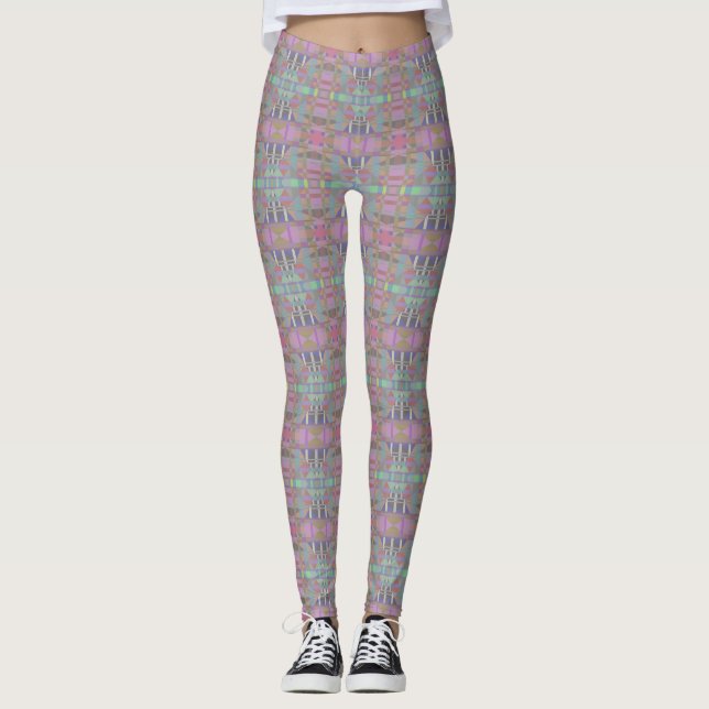 Grönt Lila Rosa Geometric Leggings (Framsida)