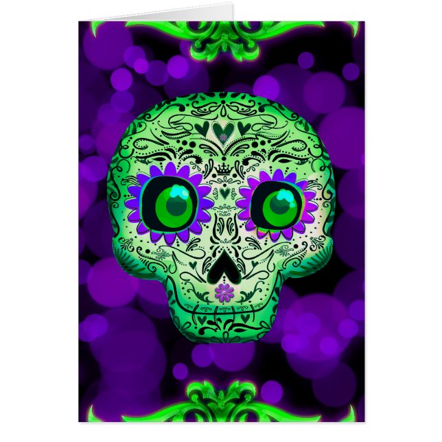 Grönt & Lila Sugar Skull Glowing Halloween OBS Kort (Framsidan)
