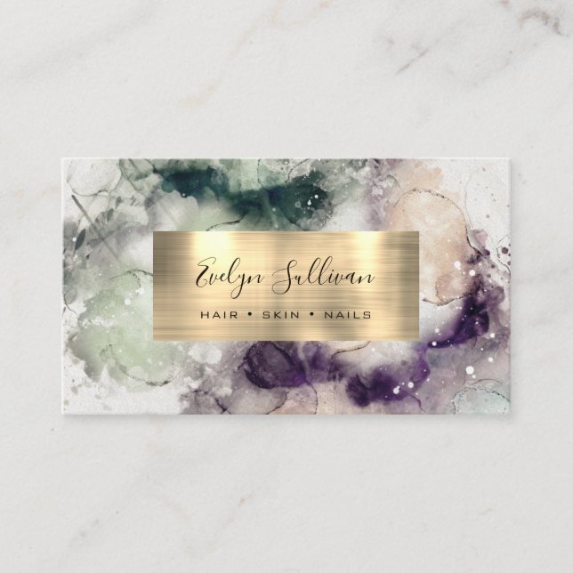 Grönt Lila Vattenfärg och guldfetter Visitkort (Framsida)