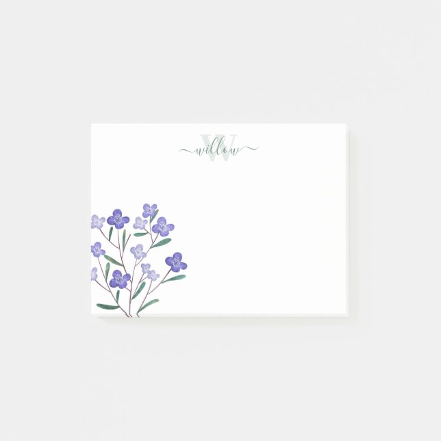 Grönt Lila Watercolor Blooms Monogram Post-it Block (Framsida)