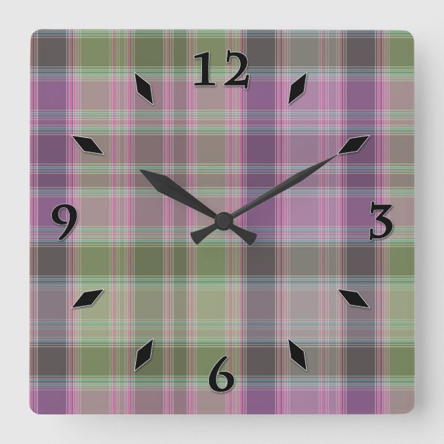 Grönt, lilac Classic tartan. blöjor Fyrkantig Klocka (Framsida)