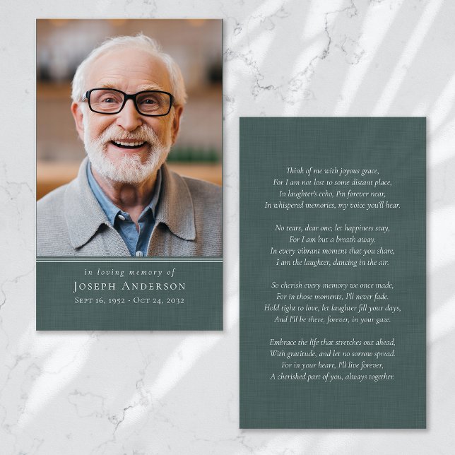 Grönt Linen Photo Funeral Prayer Card Visitkort (Skapare uppladdad)