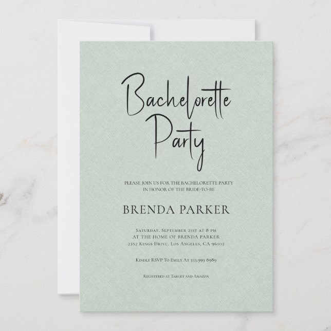 Grönt Linen Simple Black Script Bachelorette Party Inbjudningar (Framsida)