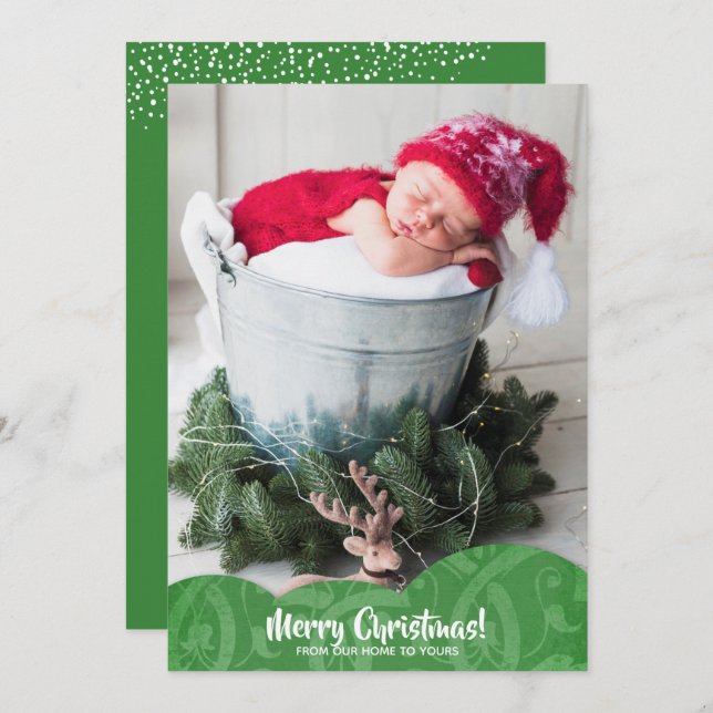 Grönt linnefiligran Foto Jul Holiday-kort Julkort (Fram/baksida)