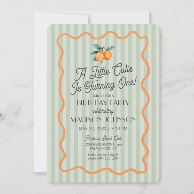 Grönt Little Cutie Pastel Citrus Theme Birthday Inbjudningar (Framsida)