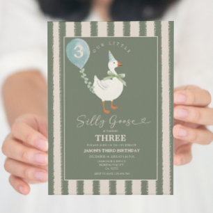 Grönt Little Fånig Goose Balloon Boy 3rd Birthday Inbjudningar