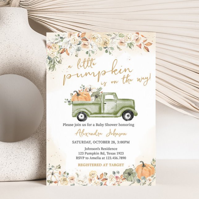 Grönt Little Pumpkin Baby Shower Inbjudningar (Green Truck Pumpkin Baby Shower Invitation)