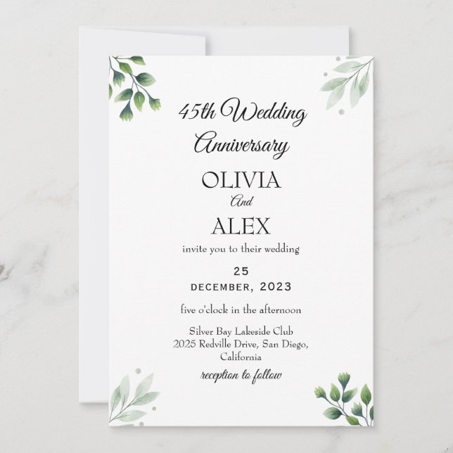 Grönt Löv 45:e Bröllop-årsdagen Inbjudningar (Framsida)