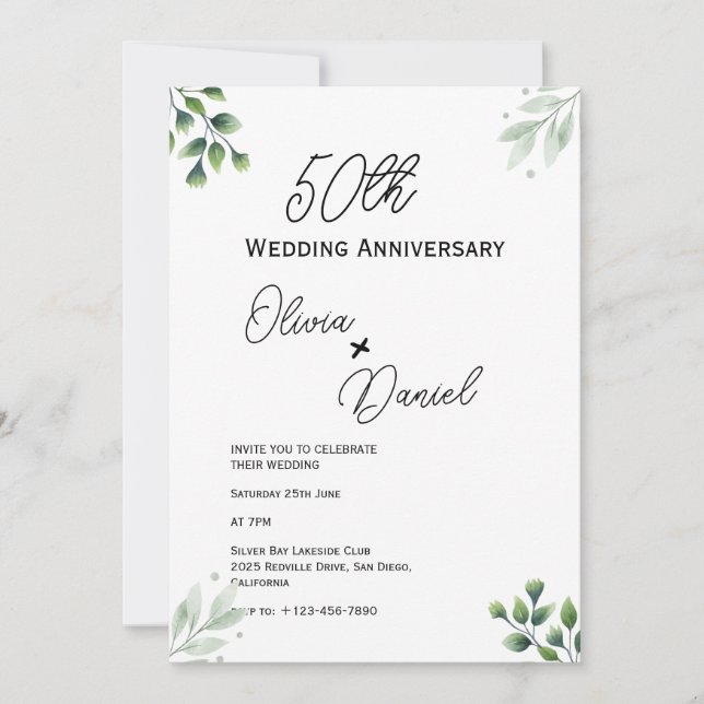 Grönt Löv 50:e Bröllop-årsdagen Inbjudningar (Framsida)