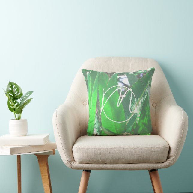 Grönt löv bananplanta löv pastellmonogram kudde (Stol)