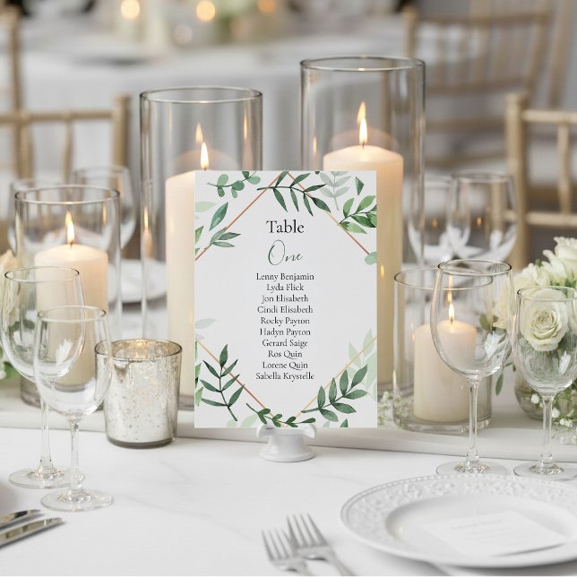 Grönt löv Bordsnumrets sittdiagram Inbjudningar (Leafy green and copper, wedding table number name chart place card.)