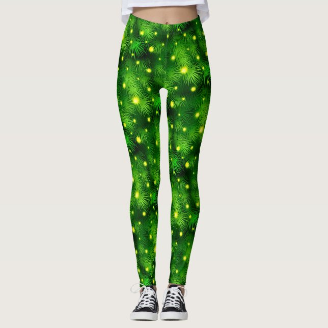 Grönt Löv Botaniska Foliage Julgran Roligt Leggings (Framsida)