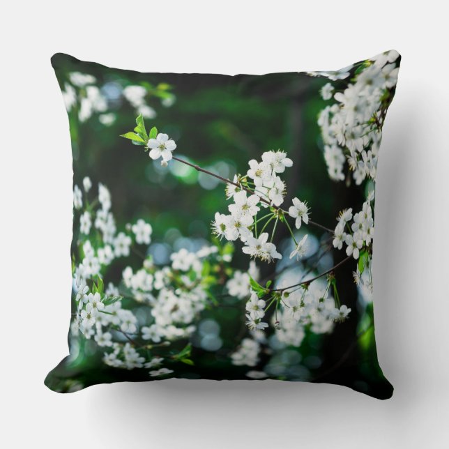 Grönt Löv för White Cherry Blommars Kudde (Framsida)