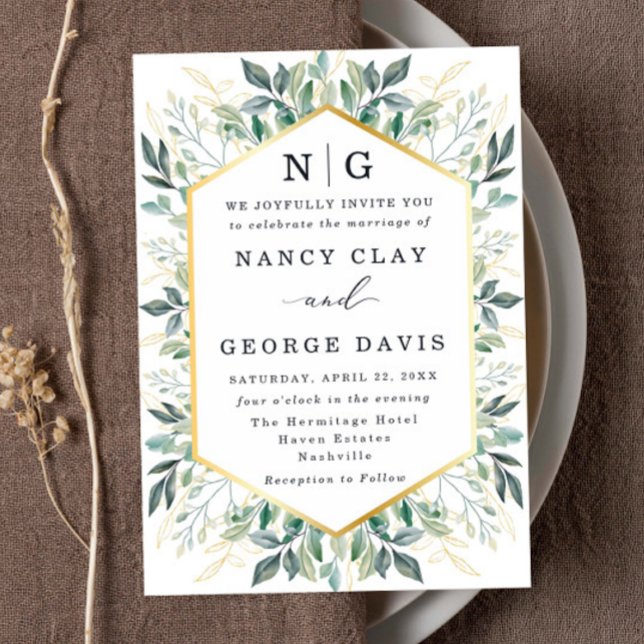 Grönt Löv Guld Gräns Monogram Bröllop Inbjudningar (Skapare uppladdad)