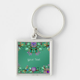 Grönt Löv Lila Gemstones Keychain Fyrkantig Silverfärgad Nyckelring