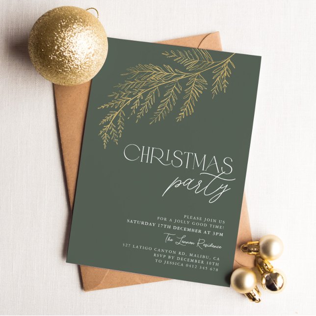 Grönt, Löv, modern jul-Helgdag i Party Inbjudningar (Green and Gold Christmas Party Invitation)