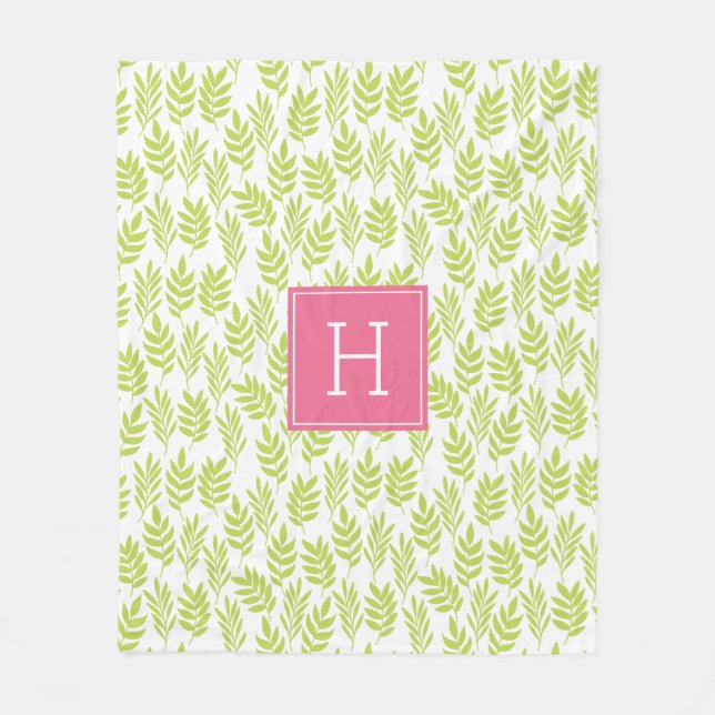 Grönt Löv Mönster och Rosa Monogram Fleecefilt (Framsidan)