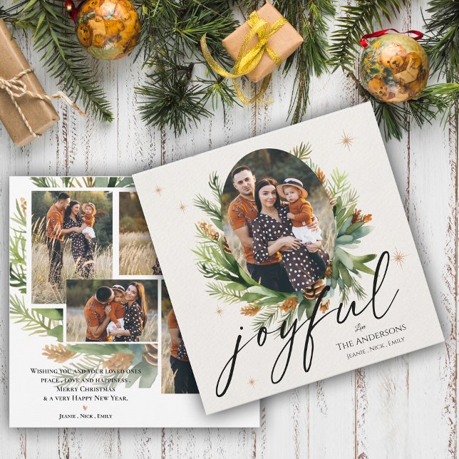 Grönt Löv multifamiljefoton Glatt jul (Green Leaves Multi Family Photos Joyful Christmas Greeting Card)