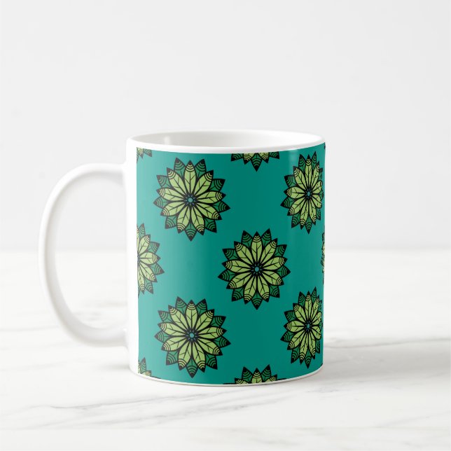 Grönt Löv och Blommor, sömlös mönster, bakgrund. Kaffemugg (Vänster)