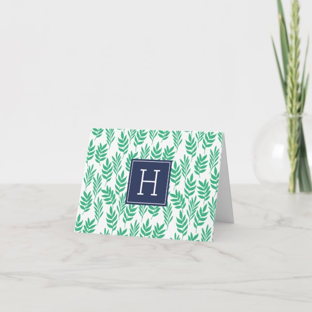 Grönt Löv och Blue Monogram Anteckningskort (Framsida)