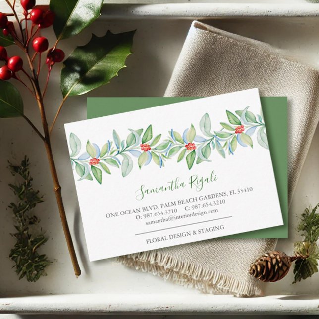 Grönt Löv och Red Berries Affärskort Tilläggskort (Christmas business cards watercolor red and green botanicals by Victoria Grigaliunas VG Invites)